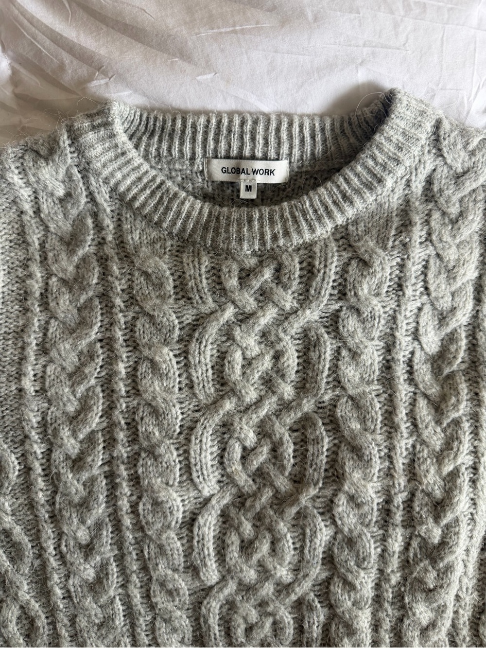 Cable Knit 100% Wool Sweater - light grey